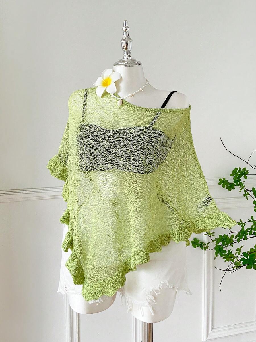 Comfortcana Plus Size Women Casual Ruffled Hem Semi-Sheer Crochet Poncho Sweater, Suitable For Summer Outings And Dates