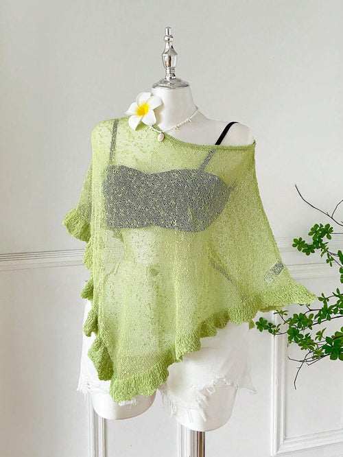 Comfortcana Plus Size Women Casual Ruffled Hem Semi-Sheer Crochet Poncho Sweater, Suitable For Summer Outings And Dates