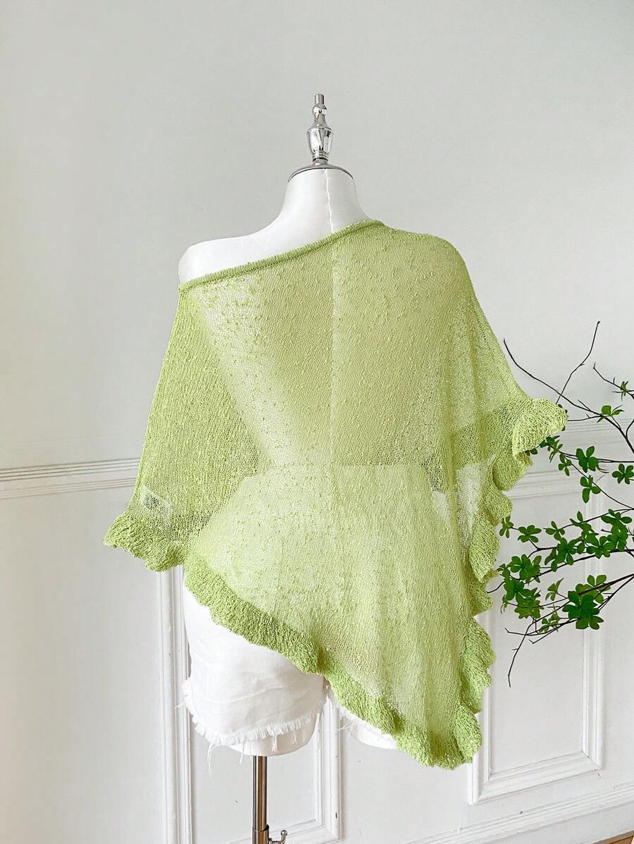 Comfortcana Plus Size Women Casual Ruffled Hem Semi-Sheer Crochet Poncho Sweater, Suitable For Summer Outings And Dates