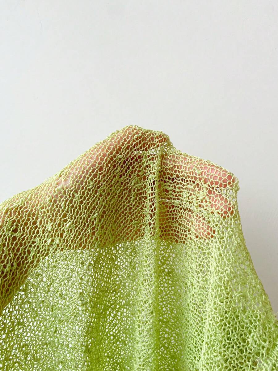 Comfortcana Plus Size Women Casual Ruffled Hem Semi-Sheer Crochet Poncho Sweater, Suitable For Summer Outings And Dates