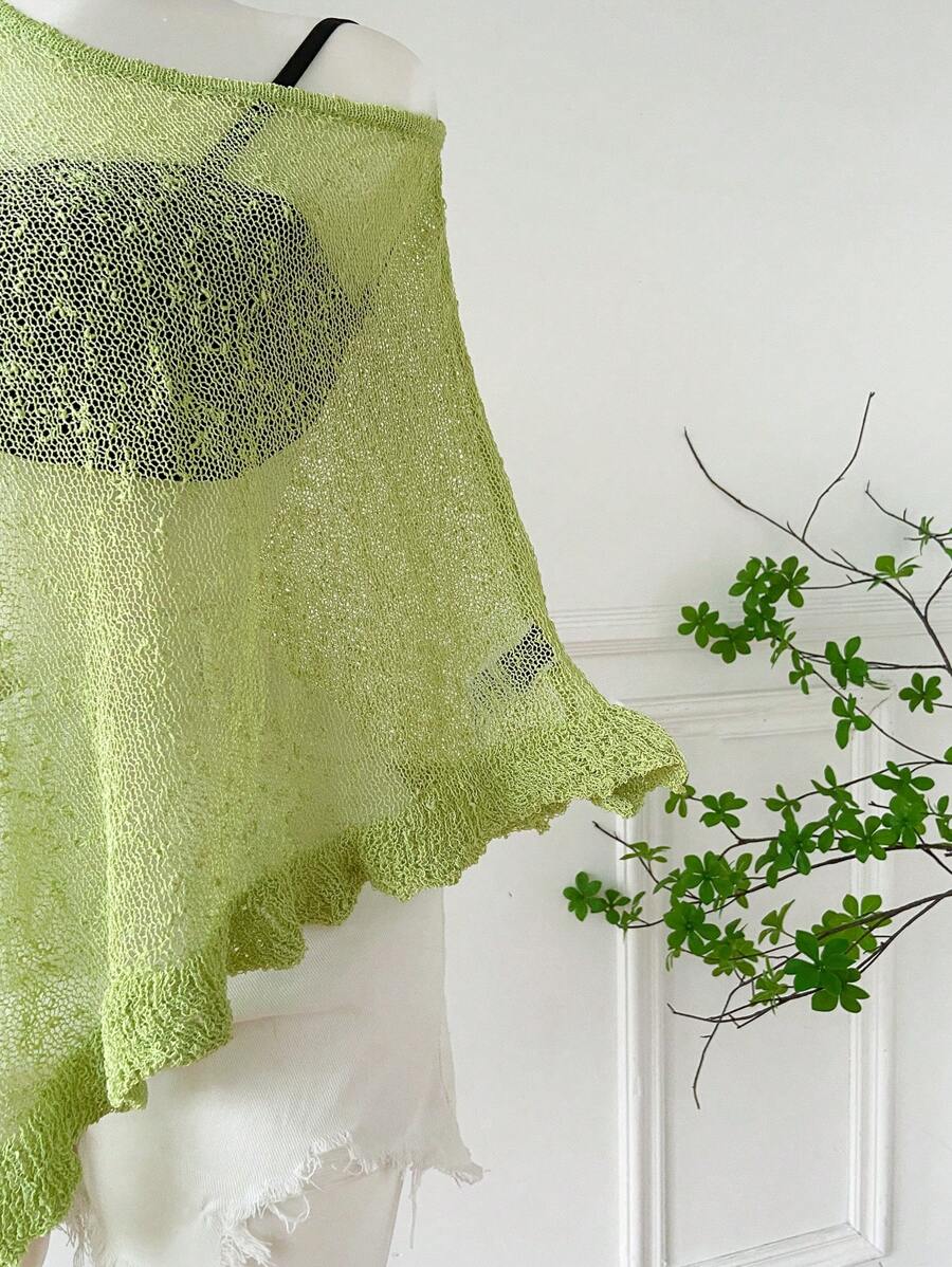 Comfortcana Plus Size Women Casual Ruffled Hem Semi-Sheer Crochet Poncho Sweater, Suitable For Summer Outings And Dates