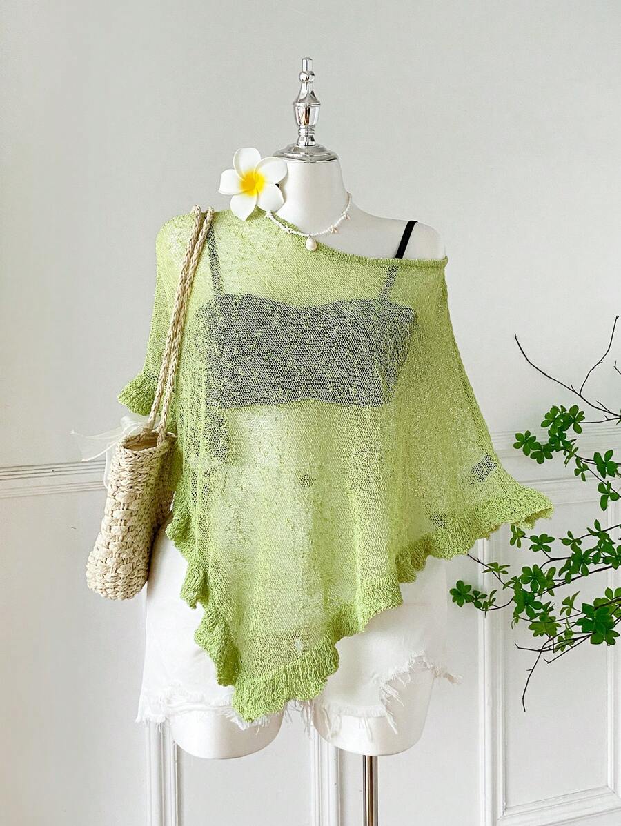 Comfortcana Plus Size Women Casual Ruffled Hem Semi-Sheer Crochet Poncho Sweater, Suitable For Summer Outings And Dates
