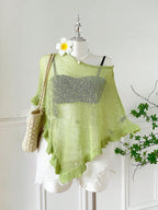 Comfortcana Plus Size Women Casual Ruffled Hem Semi-Sheer Crochet Poncho Sweater, Suitable For Summer Outings And Dates