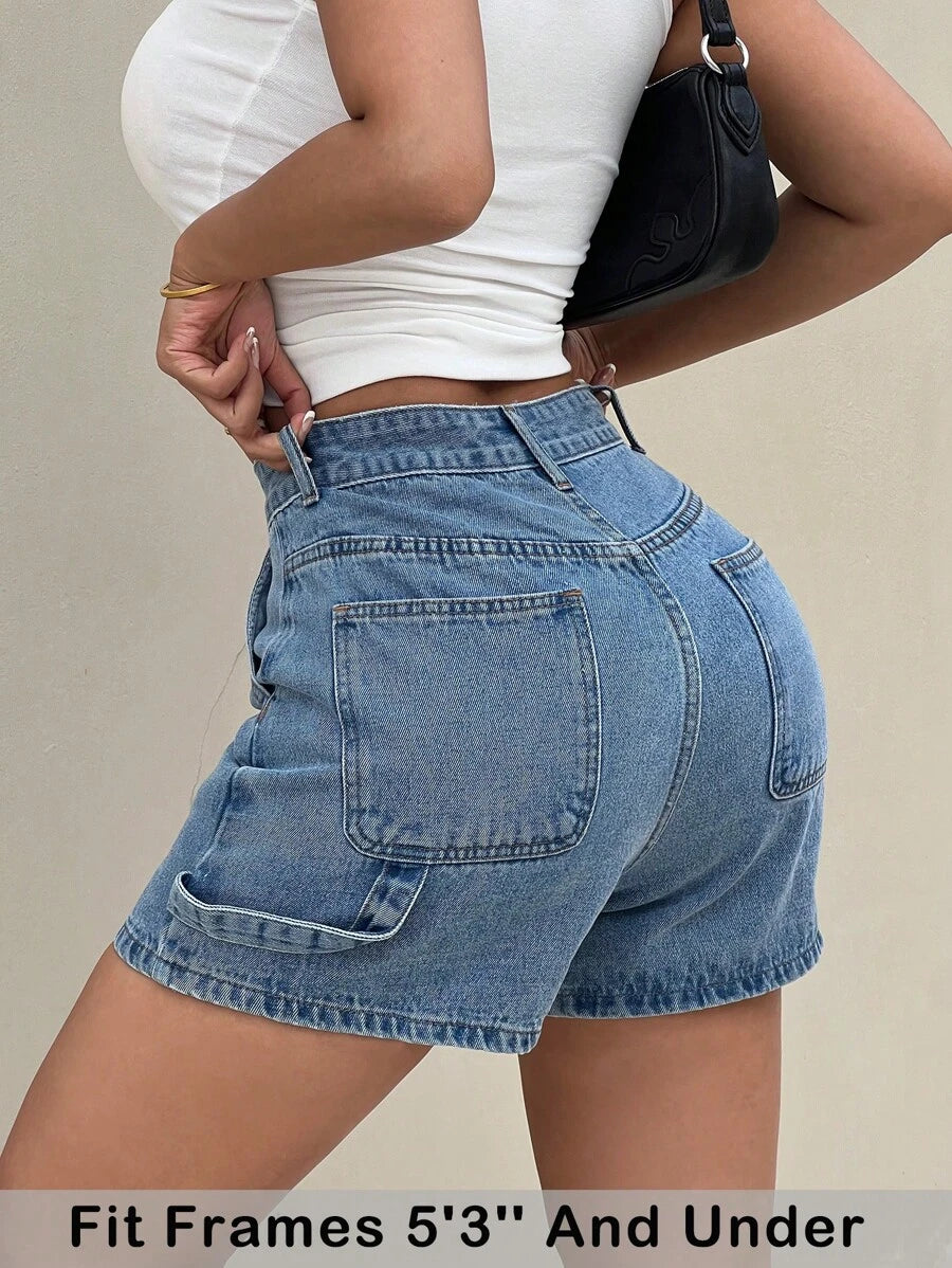 SHEIN PETITE Women's Blue Denim Shorts Casual Low Waist Shorts With Pockets Summer Casual Wear