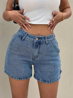SHEIN PETITE Women's Blue Denim Shorts Casual Low Waist Shorts With Pockets Summer Casual Wear