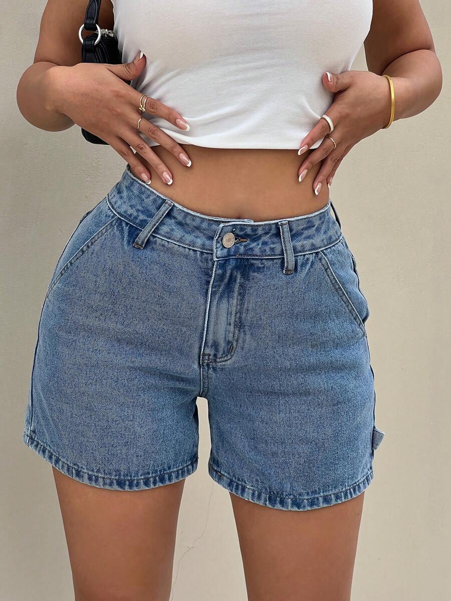 SHEIN PETITE Women's Blue Denim Shorts Casual Low Waist Shorts With Pockets Summer Casual Wear