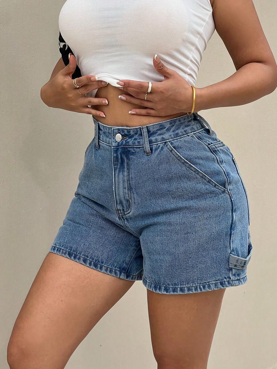 SHEIN PETITE Women's Blue Denim Shorts Casual Low Waist Shorts With Pockets Summer Casual Wear
