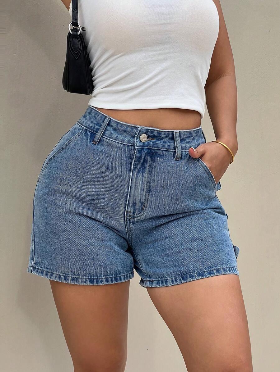 SHEIN PETITE Women's Blue Denim Shorts Casual Low Waist Shorts With Pockets Summer Casual Wear