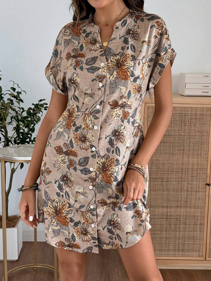 EMERY ROSE Solid Notched Button Front Batwing Sleeve Shirt Dress,Summer Dresses For Women
