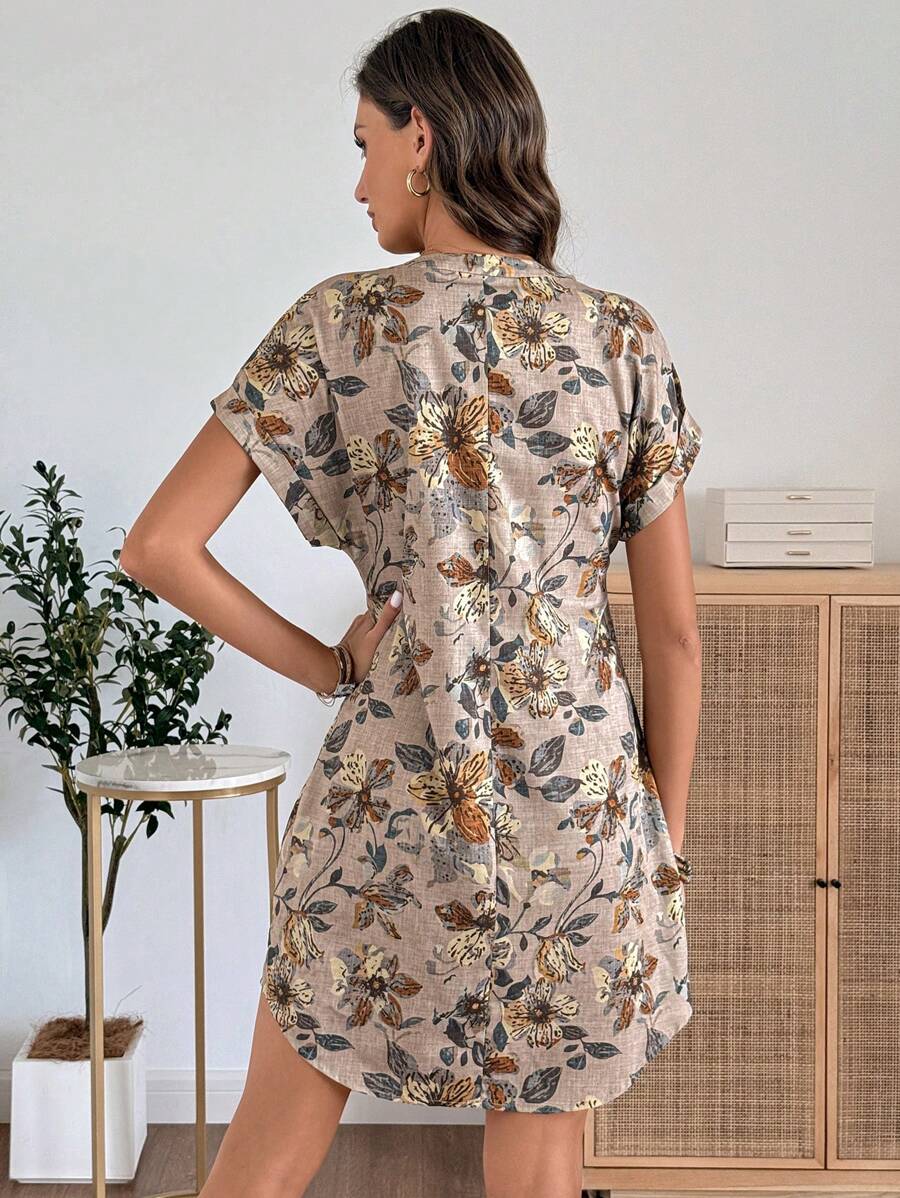 EMERY ROSE Solid Notched Button Front Batwing Sleeve Shirt Dress,Summer Dresses For Women