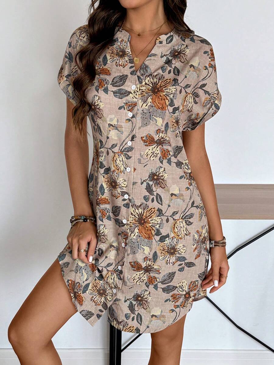 EMERY ROSE Solid Notched Button Front Batwing Sleeve Shirt Dress,Summer Dresses For Women