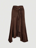 SHEIN MOD High Waist Ruffle Asymmetrical Hem Skirt Brown Midi Skirt Tie Skirt Wrap Skirt Asymmetrical Skirt Brown Tie Skirt