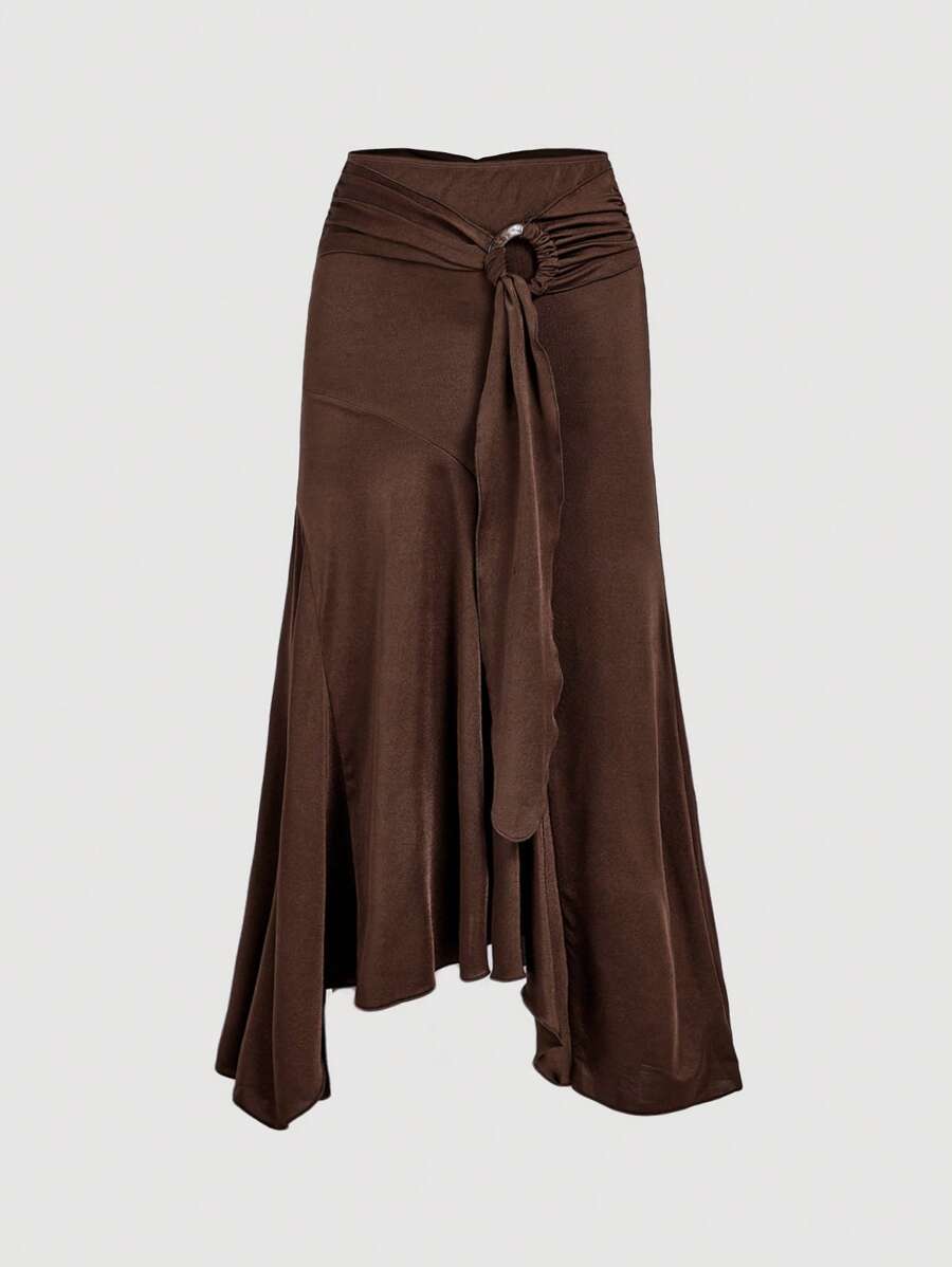 SHEIN MOD High Waist Ruffle Asymmetrical Hem Skirt Brown Midi Skirt Tie Skirt Wrap Skirt Asymmetrical Skirt Brown Tie Skirt
