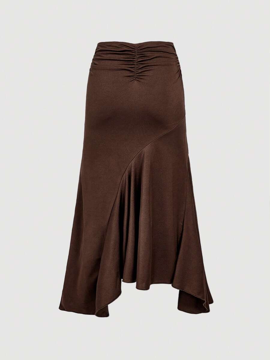 SHEIN MOD High Waist Ruffle Asymmetrical Hem Skirt Brown Midi Skirt Tie Skirt Wrap Skirt Asymmetrical Skirt Brown Tie Skirt
