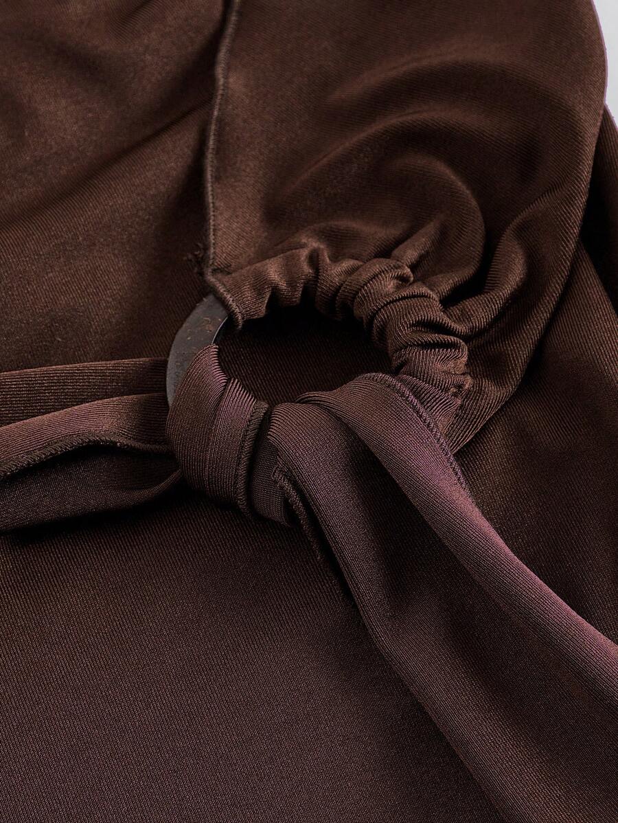 SHEIN MOD High Waist Ruffle Asymmetrical Hem Skirt Brown Midi Skirt Tie Skirt Wrap Skirt Asymmetrical Skirt Brown Tie Skirt
