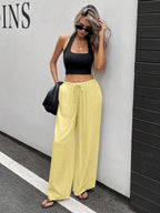 Siren Gaze Women Linen Low-Waist Straight Leg Casual Pants, Summer Holiday Style Business Casual Woman,Linen Pants Black