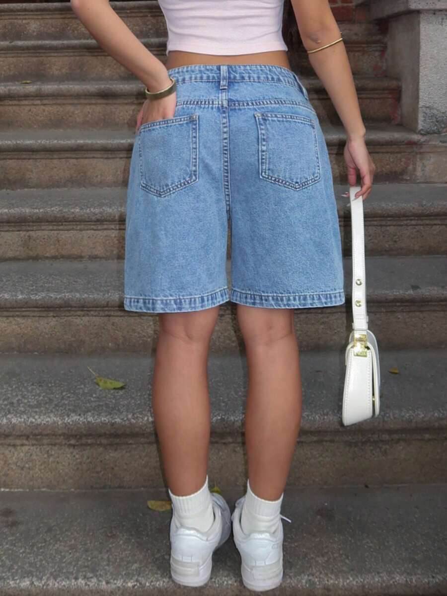 Women's Plain Color Bermuda Denim Shorts, Simple & Fashionable, Suitable For Summer