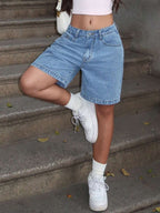 Women's Plain Color Bermuda Denim Shorts, Simple & Fashionable, Suitable For Summer