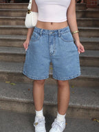 Women's Plain Color Bermuda Denim Shorts, Simple & Fashionable, Suitable For Summer