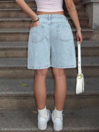 Women's Plain Color Bermuda Denim Shorts, Simple & Fashionable, Suitable For Summer
