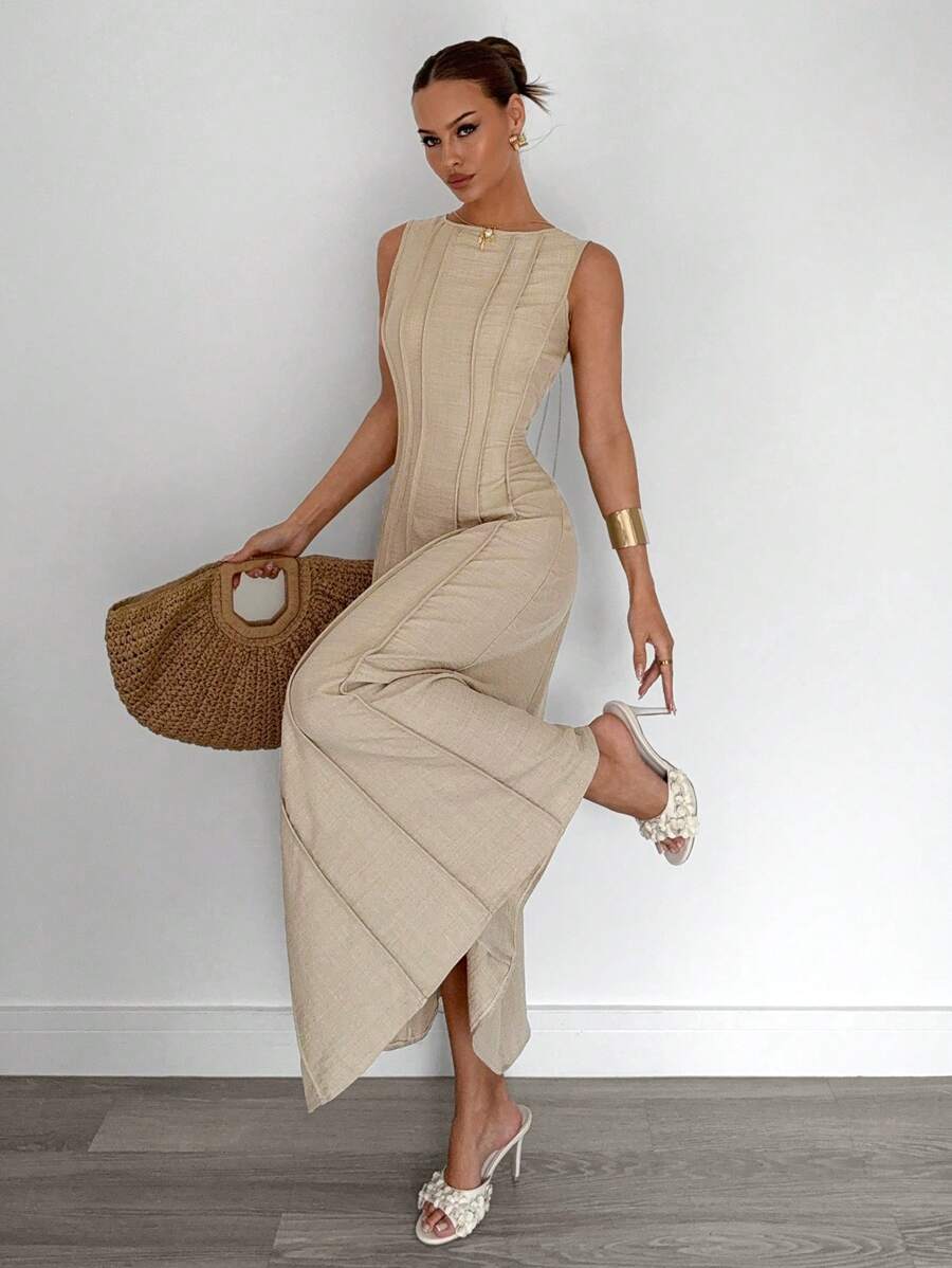 Siren Gaze New  Linen Long Dress For Women, Split Pleated Waist A-Line Dress, Elegant Long Dress, Sun Dresses For Women Holiday Wear, Imitation Linen Flowing Long Dress, Business Casual Women's Wear,Fall Women Clothes Party Summer