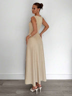 Siren Gaze New  Linen Long Dress For Women, Split Pleated Waist A-Line Dress, Elegant Long Dress, Sun Dresses For Women Holiday Wear, Imitation Linen Flowing Long Dress, Business Casual Women's Wear,Fall Women Clothes Party Summer