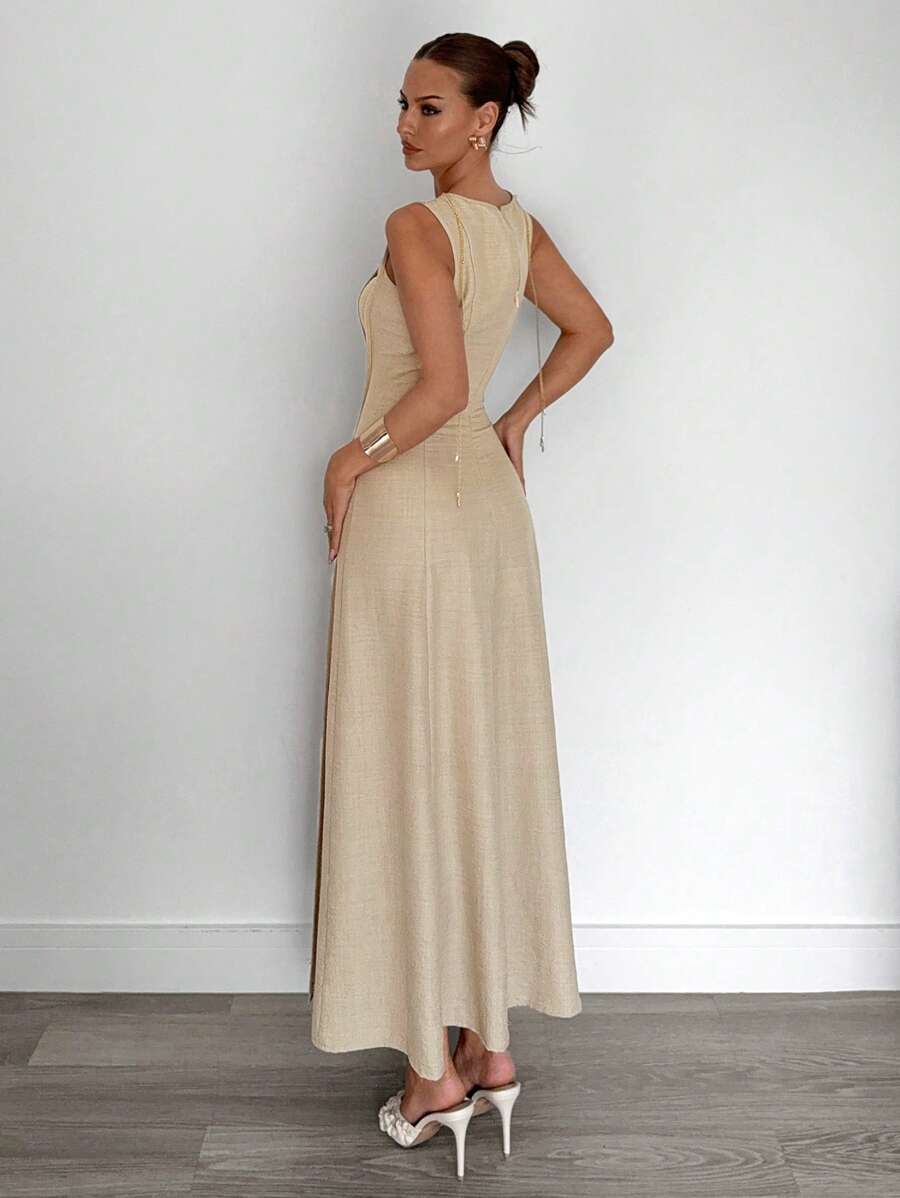 Siren Gaze New  Linen Long Dress For Women, Split Pleated Waist A-Line Dress, Elegant Long Dress, Sun Dresses For Women Holiday Wear, Imitation Linen Flowing Long Dress, Business Casual Women's Wear,Fall Women Clothes Party Summer