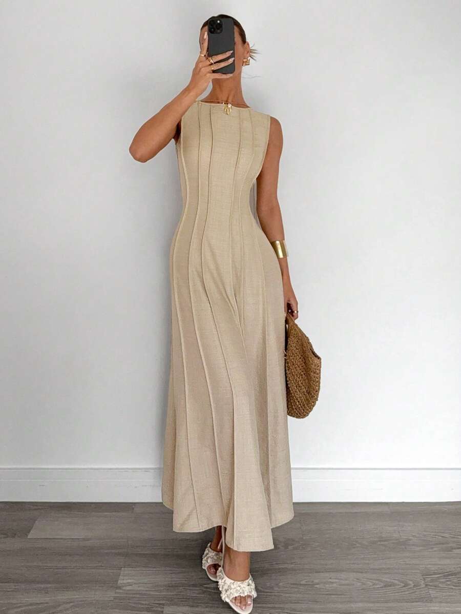 Siren Gaze New  Linen Long Dress For Women, Split Pleated Waist A-Line Dress, Elegant Long Dress, Sun Dresses For Women Holiday Wear, Imitation Linen Flowing Long Dress, Business Casual Women's Wear,Fall Women Clothes Party Summer