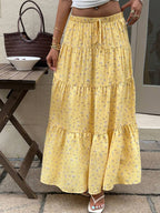 MainGRL Women Solid Color High Waist Tie Ruffled Hem Maxi Skirt