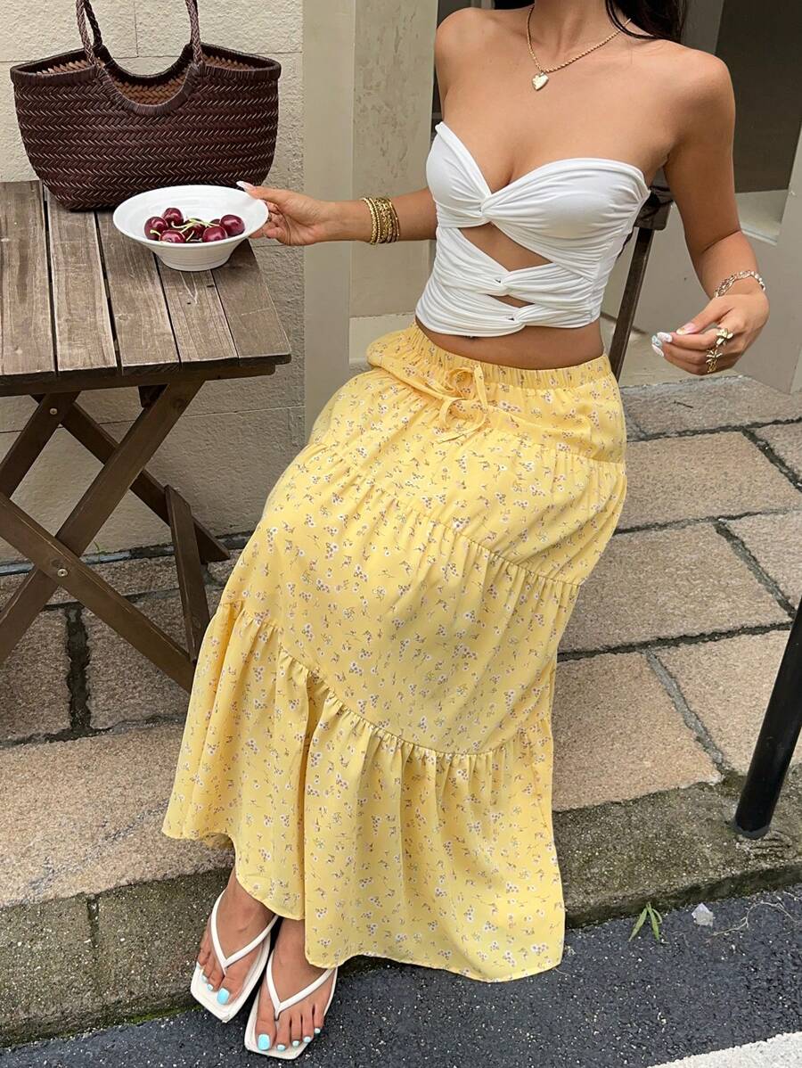 MainGRL Women Solid Color High Waist Tie Ruffled Hem Maxi Skirt
