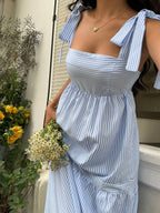 SHEIN Unity Blue Striped Square Neck High Waist Sleeveless Backless Spaghetti Strap Drawstring Maxi Dress, Sexy & Vacation Style, Spring/Summer