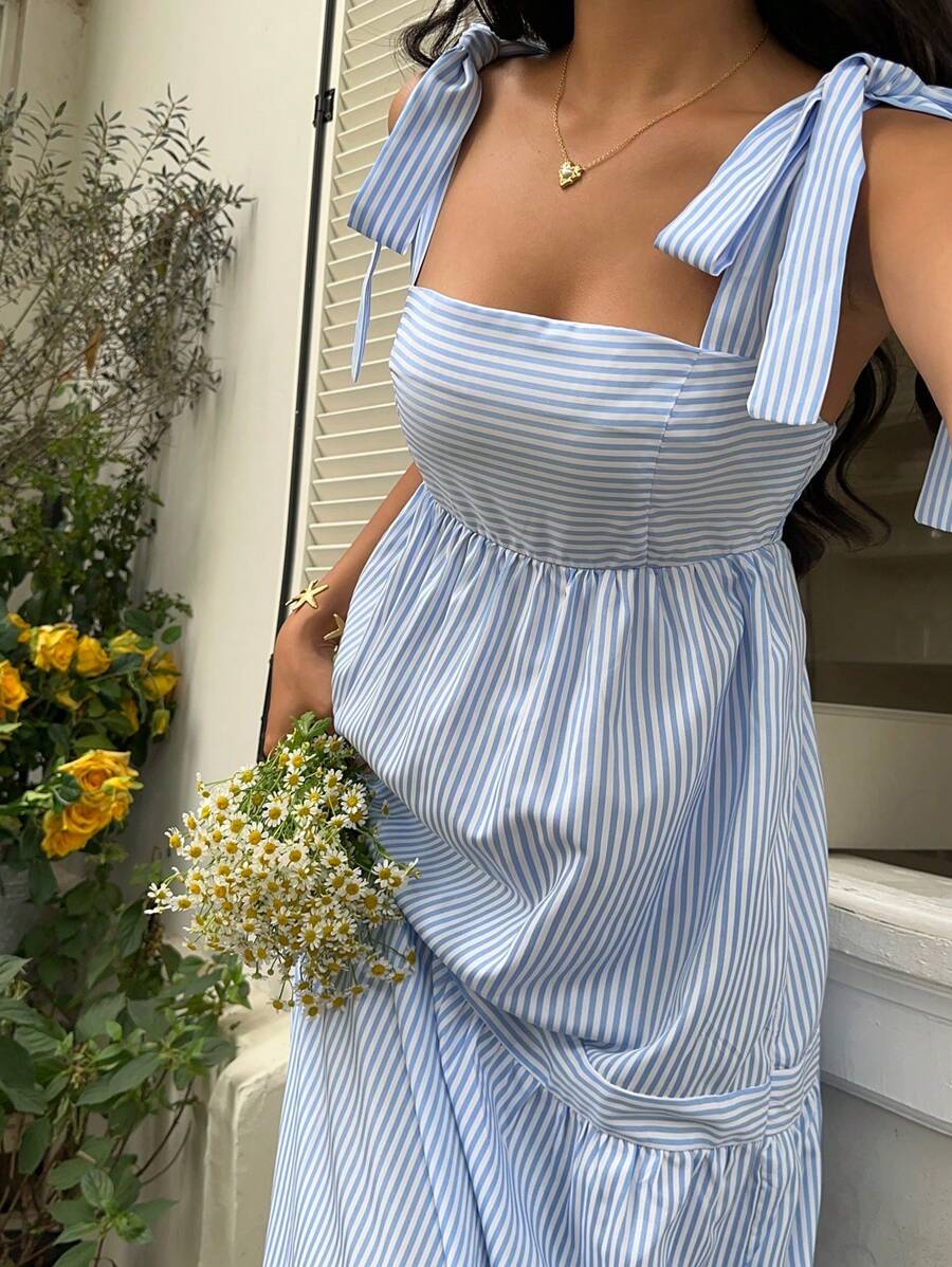 SHEIN Unity Blue Striped Square Neck High Waist Sleeveless Backless Spaghetti Strap Drawstring Maxi Dress, Sexy & Vacation Style, Spring/Summer