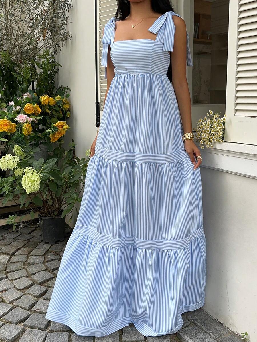 SHEIN Unity Blue Striped Square Neck High Waist Sleeveless Backless Spaghetti Strap Drawstring Maxi Dress, Sexy & Vacation Style, Spring/Summer