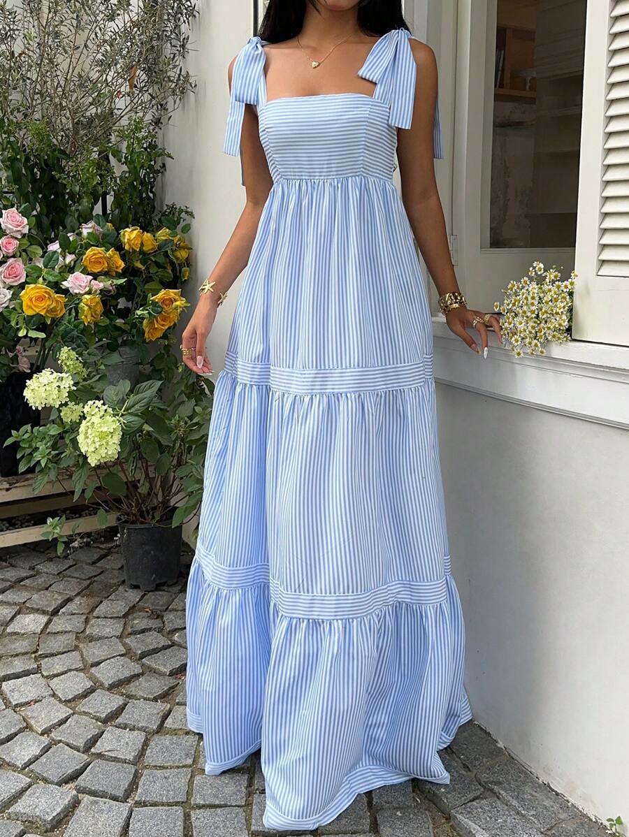 SHEIN Unity Blue Striped Square Neck High Waist Sleeveless Backless Spaghetti Strap Drawstring Maxi Dress, Sexy & Vacation Style, Spring/Summer