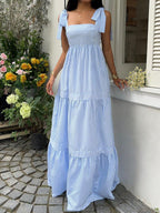 SHEIN Unity Blue Striped Square Neck High Waist Sleeveless Backless Spaghetti Strap Drawstring Maxi Dress, Sexy & Vacation Style, Spring/Summer