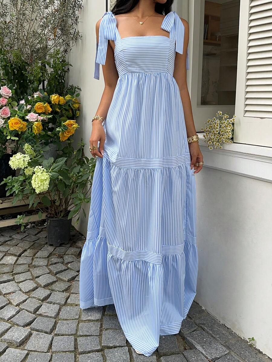 SHEIN Unity Blue Striped Square Neck High Waist Sleeveless Backless Spaghetti Strap Drawstring Maxi Dress, Sexy & Vacation Style, Spring/Summer