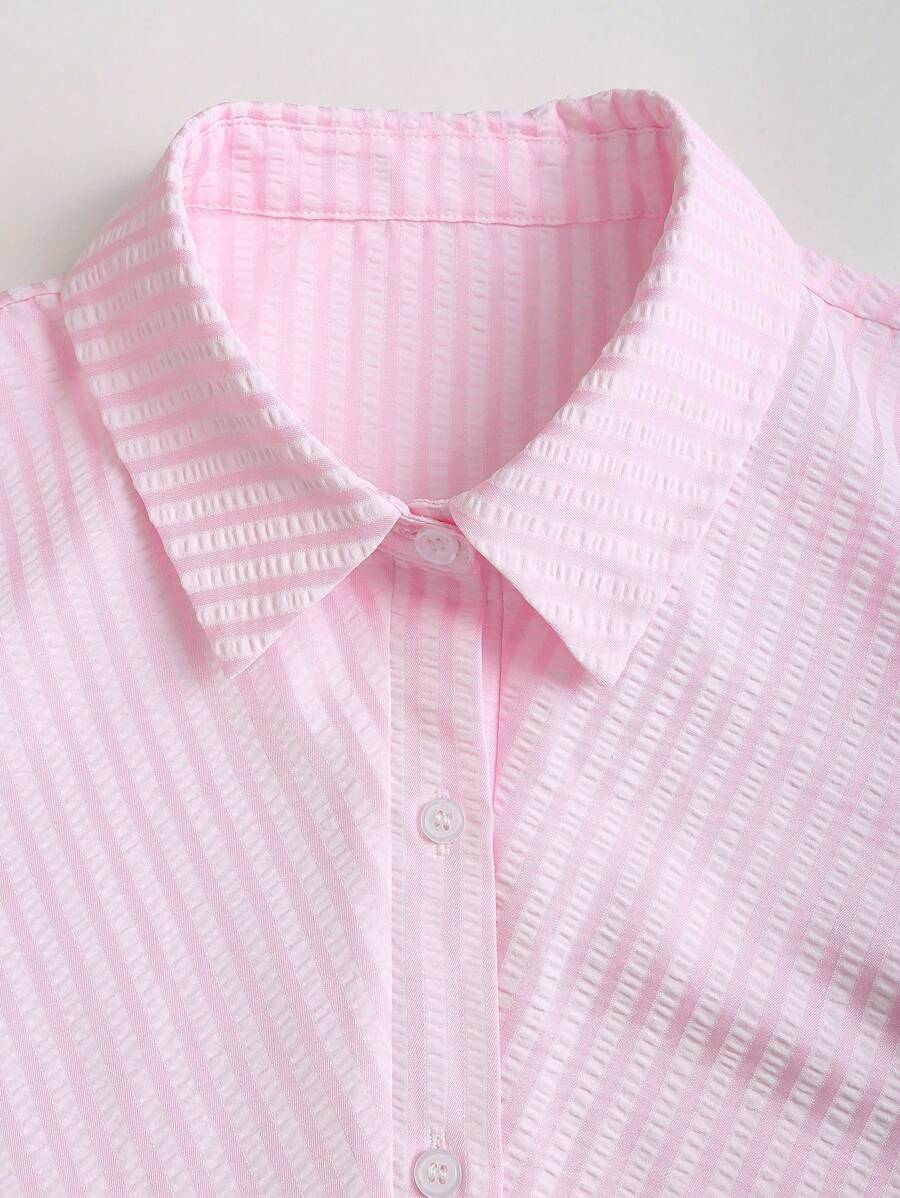 Sweetra Sweet & Fresh Pink Short Sleeve Shirt Dress, Slimming Waist Design, Elegant Lady Shirtdress, Summer New Arrival