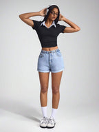 Jeanoix High Waist Slant Pocket Roll Hem Denim Shorts