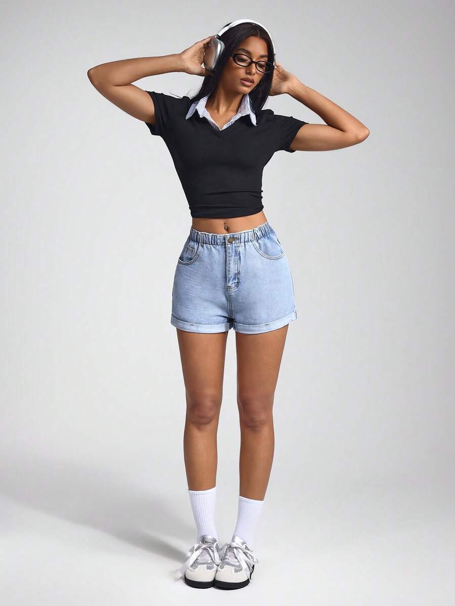 Jeanoix High Waist Slant Pocket Roll Hem Denim Shorts