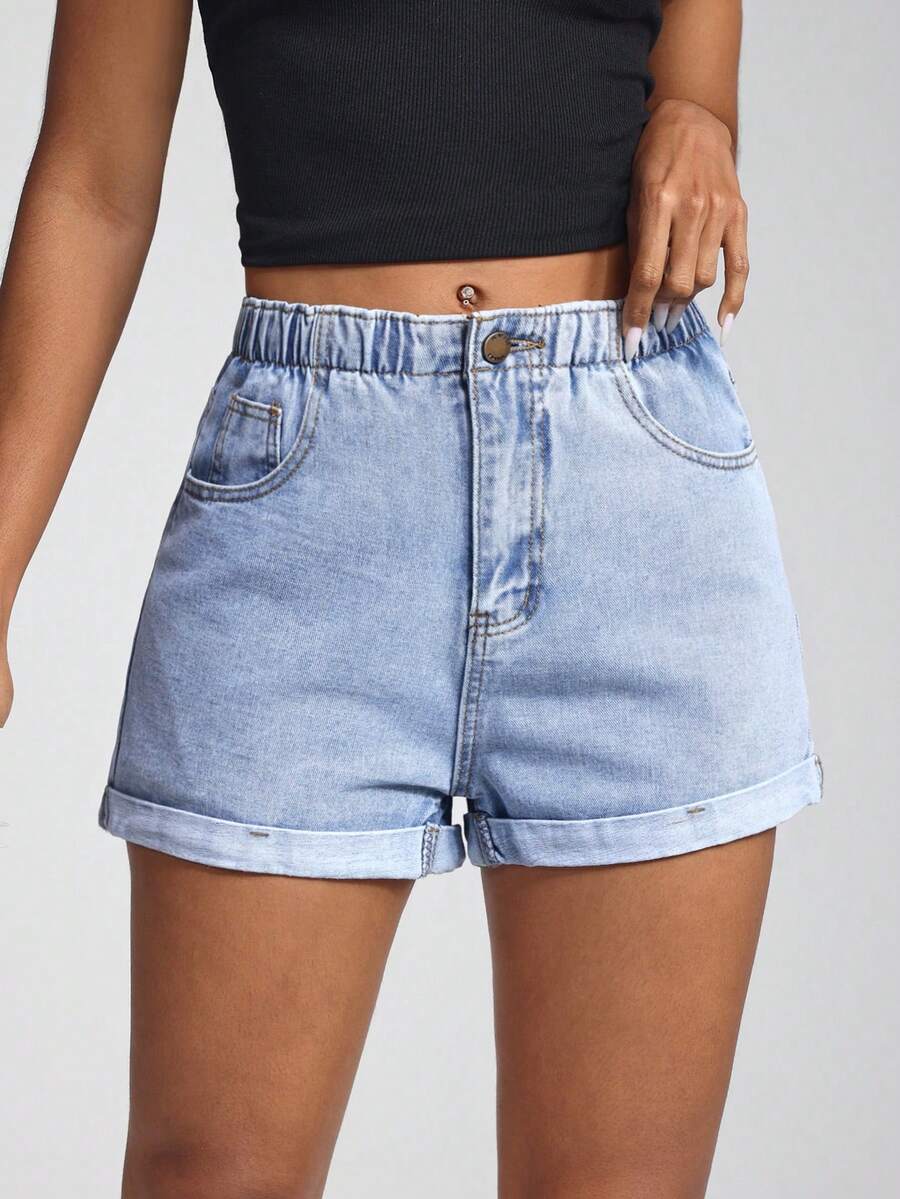 Jeanoix High Waist Slant Pocket Roll Hem Denim Shorts