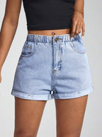 Jeanoix High Waist Slant Pocket Roll Hem Denim Shorts