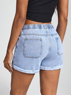 Jeanoix High Waist Slant Pocket Roll Hem Denim Shorts