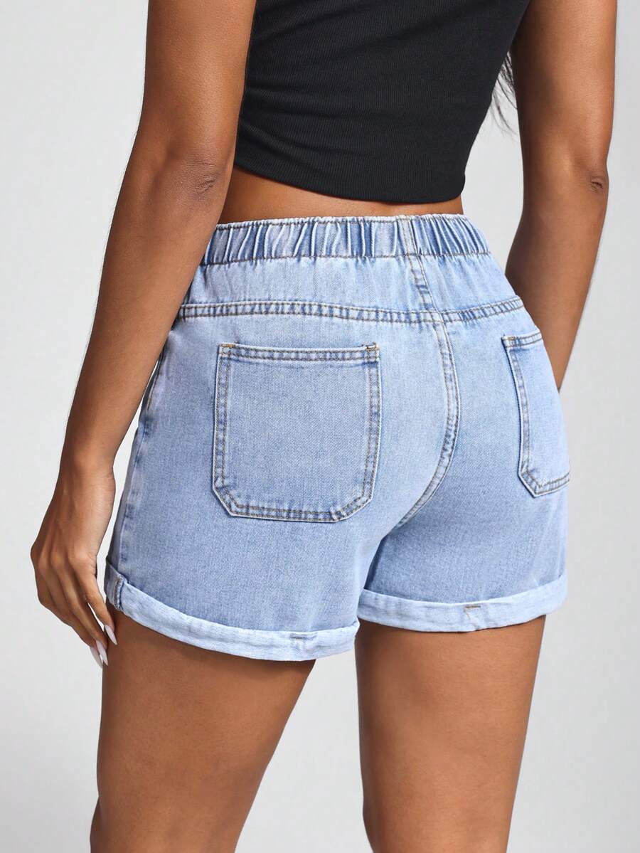 Jeanoix High Waist Slant Pocket Roll Hem Denim Shorts