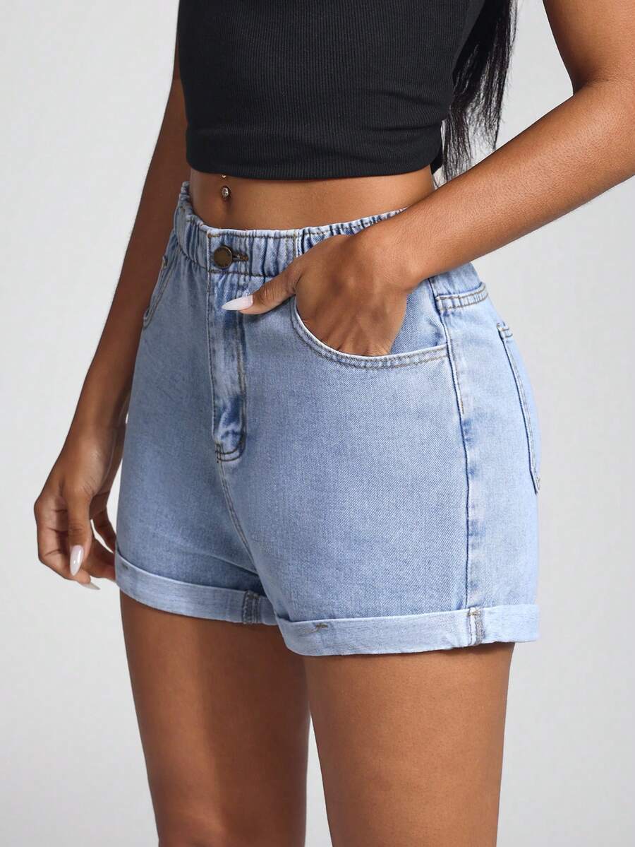 Jeanoix High Waist Slant Pocket Roll Hem Denim Shorts
