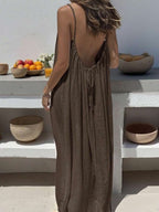 Cévolie Women's Solid Color Open Back Tie Loose Casual Maxi Slip Dress
