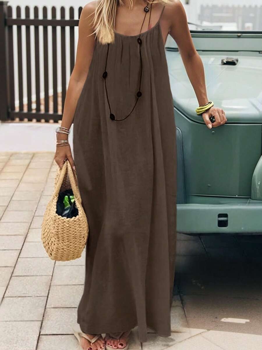 Cévolie Women's Solid Color Open Back Tie Loose Casual Maxi Slip Dress