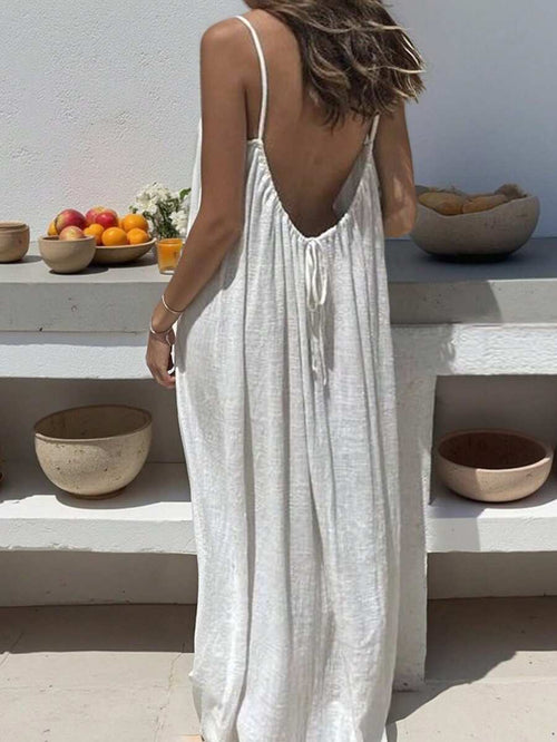 Cévolie Women's Solid Color Open Back Tie Loose Casual Maxi Slip Dress