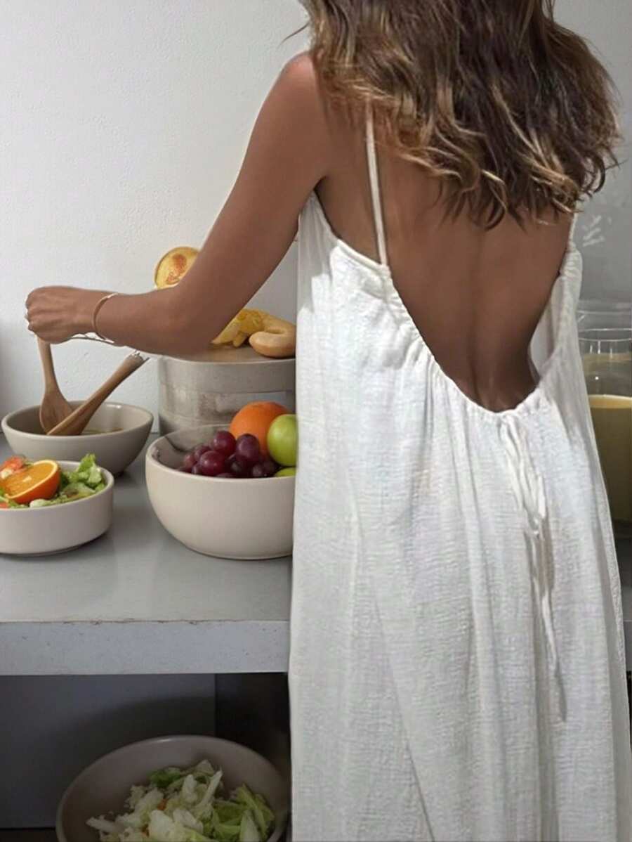 Cévolie Women's Solid Color Open Back Tie Loose Casual Maxi Slip Dress