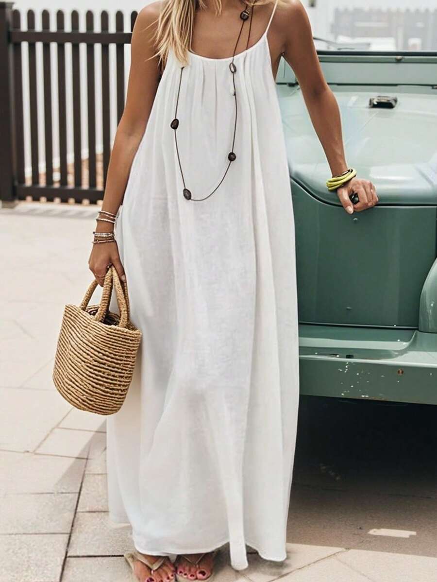 Cévolie Women's Solid Color Open Back Tie Loose Casual Maxi Slip Dress