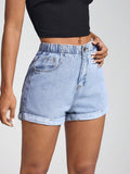Jeanoix High Waist Slant Pocket Roll Hem Denim Shorts